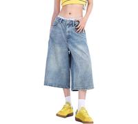 Y2K Vintage Baggy Jeans da donna lavati a gamba larga Capri Pantaloni Casual Denim Shorts Oversize Jorts Vita Alta Al Ginocchio Bermuda Pantaloni Loose Fit Harajuku Jeans Streetwear, P Blau1, L