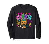 Y2K Yorkie Dog Grafica con Stelle e Icone in Grassetto Maglia a Manica