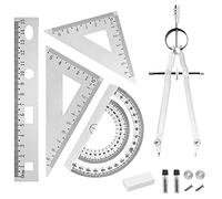 YAANBUNB Set di 6 righelli in lega di alluminio per geometria, compasso, matematica, righello, geometria, set di strumenti tra cui righello, goniometro, bussola e gomma, per studenti, insegnanti,