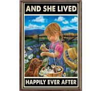 YAASIMOULE E visse per sempre felice e contenta - Poster con cane che coltiva fiori e ragazza che coltiva il giardino