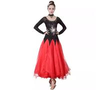 Yaaxinb Abito da Ballo da Sala in Pizzo per Valzer, Tango e Danze Standard, Gonna Lunga in Tulle a Movimento per Ballo di fine Anno e Feste,Rosso,S