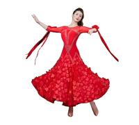 Yaaxinb Per Donna Abito da Ballo da Sala Valzer Moderno Cha Cha Salsa Strass Petalo Danza lirica Grande Gonna Swing,Rosso,XL