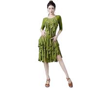 Yaaxinb Per Donna Abito da Ballo Latino Strass Maniche Lunghe Cristallo Canapa Valzer da Sala Cha Cha Salsa Gonna da Allenamento,Verde,XXL