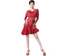 Yaaxinb Per Donna con Frange Abito da Ballo Latino Nappe Maniche Lunghe Valzer da Sala Cha Cha Salsa Gonna da Allenamento con Cintura,Rosso,L