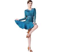 Yaaxinb Per Donna con Frange Abito da Ballo Latino Nappe Maniche Lunghe Valzer da Sala Cha Cha Salsa Gonna da Allenamento con Cintura,Blu,M