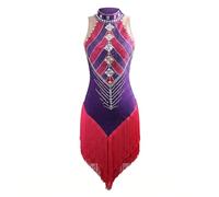 Yaaxinb Vestito da Ballo Latino per Donna, Abito con Frange e Strass, Costumi da Gara per Salsa, Tango, Samba e Danza Sportiva,Viola,L