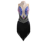 Yaaxinb Vestito da Danza Latina Donna con Strass e Frange Body da Gara Ballroom Costume da Pattinaggio Artistico Outfit da Esibizione,Nero,M