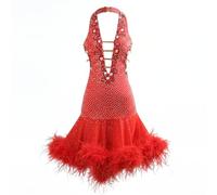 Yaaxinb Vestito da Danza Latina Rosso Donna con Strass e Bordo in Piume Abito da Competizione Ballroom Costume Salsa Tango,Rosso,XL