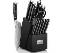 Yabano Set Coltelli da Cucina,14 Pezzi Coltelli Cucina in Acciaio Inox, Set Coltelli con Ceppo in Legno e Affilacoltelli Integrato, Manici in ABS Forgiato