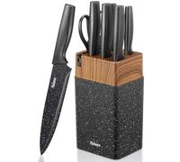 Yabano Set Coltelli da Cucina 7 Pezzi con Ceppo in Plastica e Affilatore Integrato, Lame Antiaderenti e Antiruggine in Acciaio Inox (Maculato)