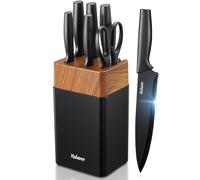 Yabano Set Coltelli da Cucina 7 Pezzi con Ceppo in Plastica e Affilatore Integrato, Lame Antiaderenti e Antiruggine in Acciaio Inox (Nero)
