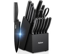 Yabano Set Coltelli da Cucina, Ceppo Coltelli in Acciaio 14 Pezzi, Ceppo Autoaffilante, Blocco Coltello in Legno per Pane, Carne, Verdure e altro, Nero