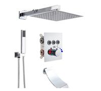 YACODLUL Miscelatore termostatico for Doccia da Bagno, soffione Doccia a Pioggia, Girevole/a Cascata, for Vasca da Bagno, a 2/3 Vie, con Tasto di Comando, Cromato(12inch 3 Ways B)