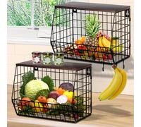 YADOBIG 2 Pezzi Portafrutta Appendere, 30 × 15,5 × 21,5 cm Cesto Frutta in Metallo per Cucina con Coperchio in Legno con 4 Ganci, Impilabile e Montabile a Parete per Conservare frutta e Verdura, Nero