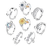 YADOCA 8 Pezzi Anelli Ansia per Donna Regolabile Fidget Ring per Ansia Spinner Anelli Anallergico Argento Zircone Girasole Stella Luna Alleviare Lo Stress Ruotare l'anello di Perline Set con Scatola