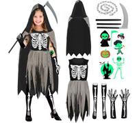 YADODO Costume da triste mietitore, per bambine 10-12, con catena a falce, guanti e maniche per gambe, spaventoso costume per Halloween da triste mietitrice, costume per ragazze con teschio, zombie