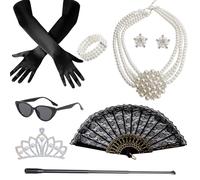 YAEGIMHT 9 pezzi anni '20, accessori anni '20, accessori da donna con occhiali, corona, guanti, collana di perle, orecchini, costume da mafia, costume da donna per feste a tema, carnevale e Halloween