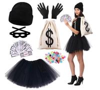 YAEGIMHT Costume da rapinatore da donna, costume da predatore, per bambini, adulti, con berretto a maglia, tutù, gonna, guanti, maschera per banconote, gioiello criminale, costume da carcere, costume