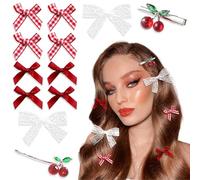 YAEISM Fermagli per capelli con fiocco rosso, 12 pezzi, forcine per capelli in pizzo con fiocchi di ciliegia, mini fermagli per capelli a quadri, graziosi fermagli per capelli Y2K, per ragazze e donne