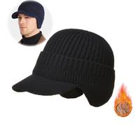 Yaepoip Elastic Warm Ear Protection Knitted Hat, Winter Thick Fleece Lined Knit Hat, Earflaps Hat with Brim for Men (One Size,Black)