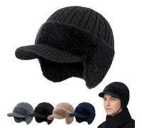 Yaepoip Trapper Blocking Knitted Hats, Winter Cozy Head Beanie with Brim & Ear Flaps for Men (Black,Taglia Unica)