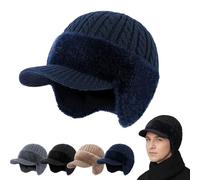 Yaepoip Trapper Blocking Knitted Hats, Winter Cozy Head Beanie with Brim & Ear Flaps for Men (Blue,Taglia Unica)