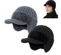 Yaepoip Trapper Blocking Knitted Hats, Winter Cozy Head Beanie with Brim & Ear Flaps for Men (Gray+Black,Taglia Unica)