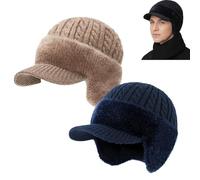 Yaepoip Trapper Blocking Knitted Hats, Winter Cozy Head Beanie with Brim & Ear Flaps for Men (Khaki+Blue,Taglia Unica)