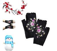 Yagerod Hand Embroidered Gloves, Women's Knitted Gloves Flower Gloves, Embroidery Knit Fingerless Gloves for Women Winter (Black, cotone)