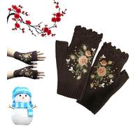 Yagerod Hand Embroidered Gloves, Women's Knitted Gloves Flower Gloves, Embroidery Knit Fingerless Gloves for Women Winter (Yellowish Brown, cotone)