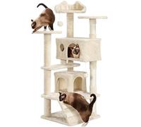 Yaheetech Albero Tiragraffi per Gatti 139 cm con 3 Pali Graffiatoi 3 Posatoi 2 Grotta 2 Pompon in Peluche a Più Livelli Giocattolo Gioco Beige
