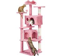 Yaheetech Albero Tiragraffi per Gatti 158 cm Torre Multilivello con 2 Casette 3 Trespoli 3 Pali in Sisal e 2 Pompon per Più Gatti Rosa