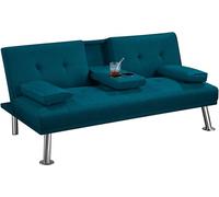 Yaheetech Divano Letto a 3 Posti Reclinabile con 2 Braccioli | Divano Trasformabile, Divanetto da Salotto, con Supporto Centrale Porta Bicchieri, Blu Acqua, Tessuto