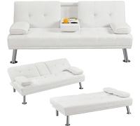 Yaheetech Divano Letto con 2 Braccioli Staccabili Divano Trasformabile Mobile Imbottito a 3 Posti Divanetto Reclinabile da Salotto con Supporto Centrale Porta Bicchieri Avorio/Tessuto