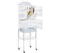 Yaheetech Gabbia Uccelli Metallo Legno Ruote 46 × 35,5 × 158,5 cm Bianca | Dotata di Piedistallo, Posatoi in Legno e Giocattoli, Adatta Interno-Esterno per Pappagalli, Inseparabili e Calopsite