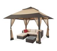 Yaheetech Gazebo da Giardino Esterno 4 x 4 m Padiglione da Giardino con Zanzariera Struttura in Metallo Doppio Tetto con Stabili Stoffa Kaki Tubo di Terrazzo Antipioggia Antisole