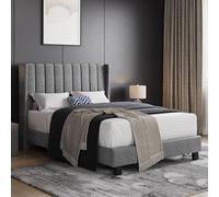 Yaheetech Letto Imbottito 140 x 200 cm Matrimoniale Altezza 23,5 cm Struttura Letto con Rete a Doghe in Legno e Metallo Testiera a Strisce Facile da Montaggio Moderno Grigio Chiaro