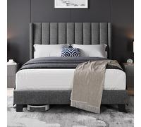 Yaheetech Letto Imbottito 140 x 200 cm Matrimoniale Testiera a Strisce con Rete a Doghe in Legno e Metallo Struttura Letto a Piattaforma Antirumore Montaggio Facile e Veloce Grigio Scuro