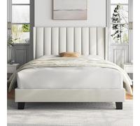 Yaheetech Letto Imbottito 140 x 200 cm Matrimoniale Testiera a Strisce con Rete a Doghe in Legno e Metallo Struttura Letto a Piattaforma Antirumore Montaggio Facile e Veloce Beige