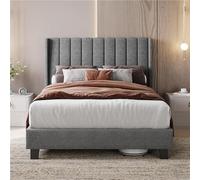 Yaheetech Letto Imbottito 140 x 200 cm Testiera a Strisce con Rete a Doghe in Legno e Metallo Struttura Letto a Piattaforma Antirumore Montaggio Facile e Veloce Grigio Chiaro