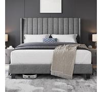 Yaheetech Letto Imbottito 160 x 200 cm Matrimoniale Altezza 23,5 cm Struttura Letto con Rete a Doghe in Legno e Metallo Testiera a Strisce Facile da Montaggio Moderno Grigio Chiaro