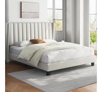 Yaheetech Letto Imbottito 160 x 200 cm Matrimoniale Testiera a Strisce con Rete a Doghe in Legno e Metallo Struttura Letto a Piattaforma Antirumore Montaggio Facile e Veloce Beige