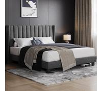Yaheetech Letto Imbottito 160 x 200 cm Matrimoniale Testiera a Strisce con Rete a Doghe in Legno e Metallo Struttura Letto a Piattaforma Antirumore Montaggio Facile e Veloce Grigio Scuro