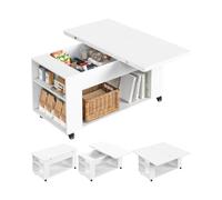 Yaheetech olino da Salotto Pieghevole e Ruotabile 95x95x48.5 cm, Bianco | Tavolino da Caffè Con Vano Nascosto, Ripiani a Giorno Regolabili, Ruota con Freno a Pedale, Struttura Resistente