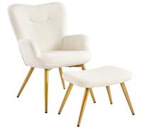 Yaheetech Poltrona Imbottita con Sgabello Poltrocina in Tessuto Boucle con Schienale Pieghevole Gambe in Metallo Sedia per Soggiorno Camera da Letto Lettura Caffè Avorio