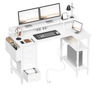 Yaheetech Scrivania Angolare con Cassetti, 120×68 cm, Scrivania ad Angolo Reversibile con Prese di Corrente e Porta USB, Scrivania Salvaspazio a L con Scaffali Portaoggetti Tavolo, Bianco
