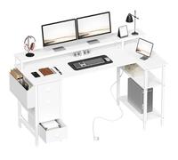 Yaheetech Scrivania Angolare con Cassetti, 140×68 cm, Scrivania ad Angolo Reversibile con Prese di Corrente e Porta USB, Scrivania Salvaspazio a L con Scaffali Portaoggetti Tavolo, Bianco