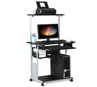 Yaheetech Scrivania per PC da Ufficio Tavolo Porta Computer con Stampante Ruote Tavolo Salvaspazio Mobile con Ripiani Tastiera Scorrevole Scrittoio da Studio Nera 80 x 50 x 132 cm