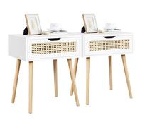 Yaheetech Set 2 Comodini Camera da Letto Comodino con Cassetto in Rattan Gambe in Legno Mobiletto Organizzatore da Letto Tavolini d'Appoggio 48,3 x 40,7 x 57,7 cm Bianco