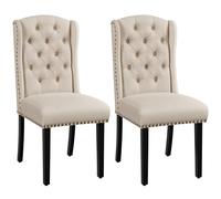 Yaheetech Set 2 Sedie Sala da Pranzo Tessuto Imbottite Eleganti Gambe in Legno Massello Schienale Alto con Bottoni Portata 140 kg Beige